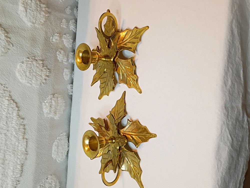 Vintage Solid Brass Christmas Poinsettia Candle Holders Set Of 2 Holiday Holly